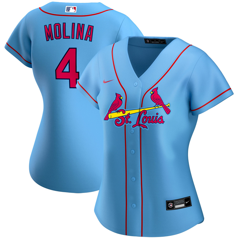 2020 MLB Women St. Louis Cardinals 4 Yadier Molina Nike Light Blue Alternate 2020 Replica Player Jersey 1